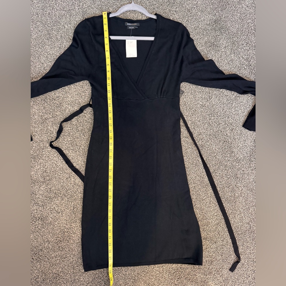 BCBG Elegant Black Faux Sweater Wrap Dress SIZE SMALL Long Sleeve w Belt - Picture 11 of 12